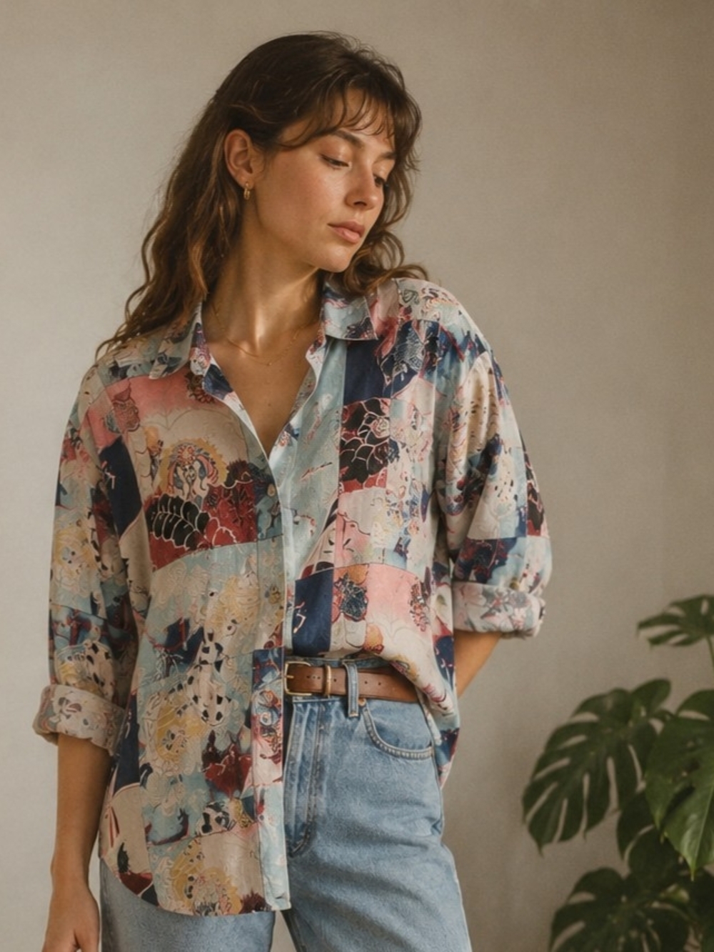 Relaxed Printed Button-Up Shirt in Multi Pink & Blue